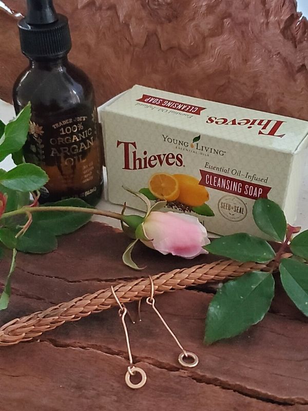 self care items and stick circle earrings